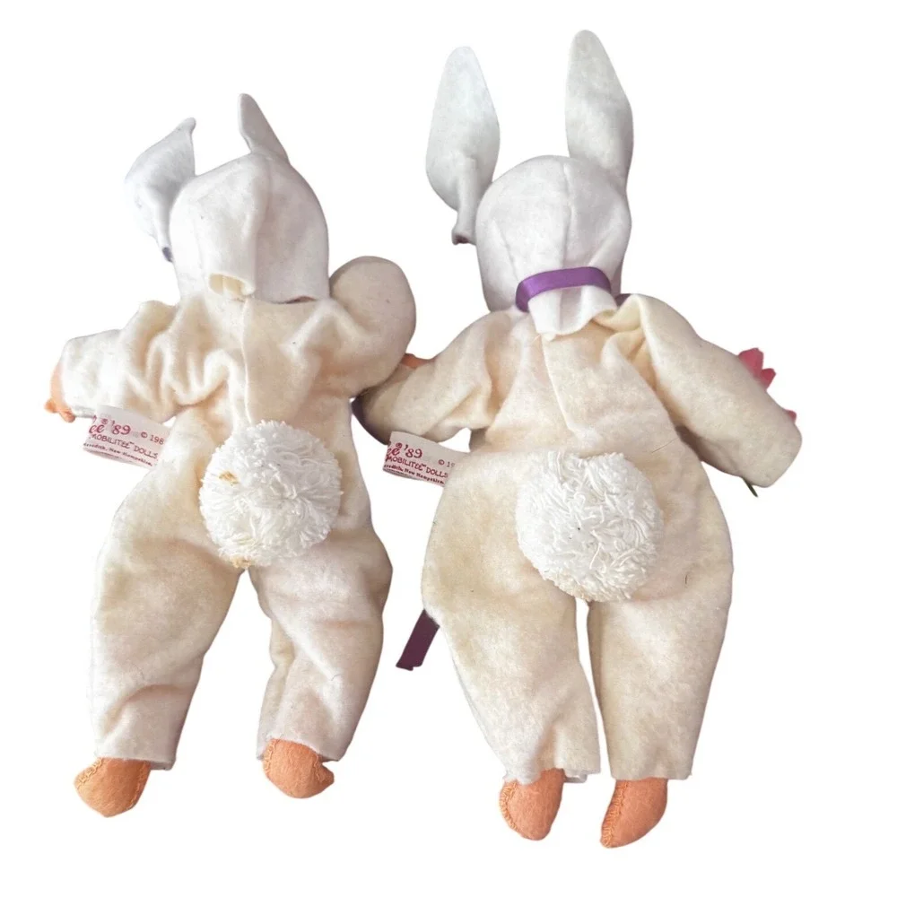 Vintage 1989 Annalee Mobilitee Bunny‎ Baby Dolls Set of 2 White Purple Easter 7